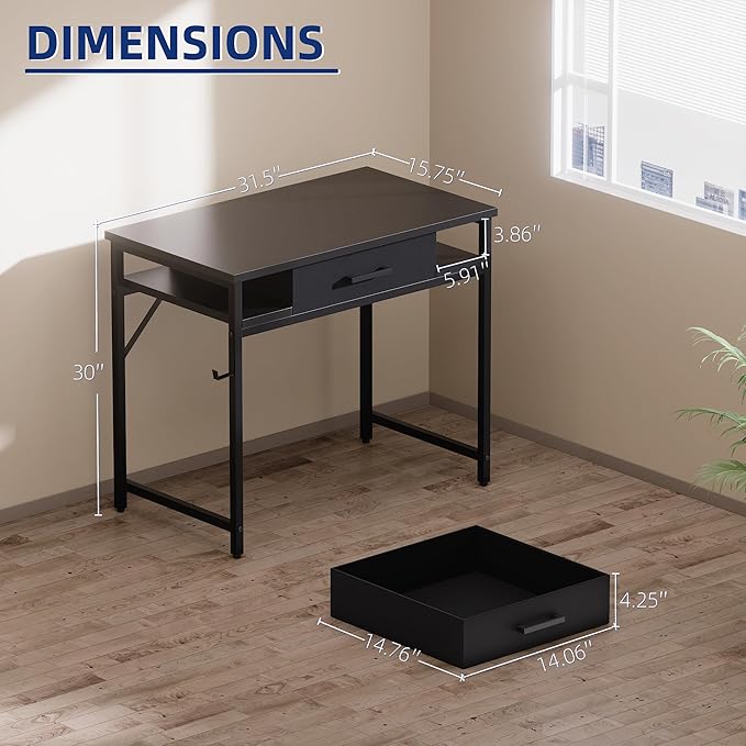 Pamray 32 Inch Small Computer Desk with Drawer and Shelves Simple Study Work Table for Bedroom Orange