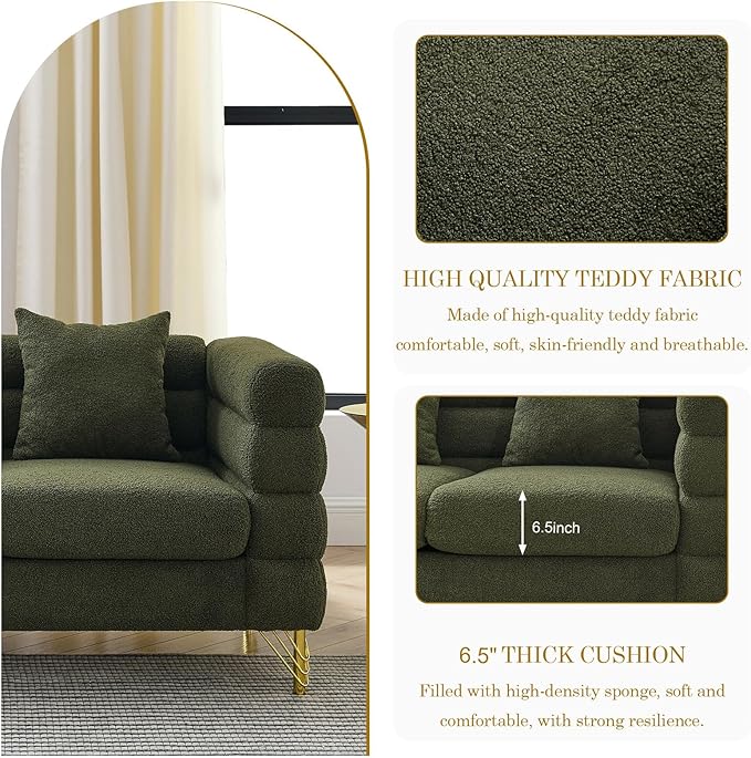 Loveseat Sofa Modern Couch 60 W Teddy Bouclé Comfy Cloud Sofa with Gold Legs &amp Pillows Upholstered Tufted Deep Seat Cozy Sherpa Couch for Living Room Bedroom Office Apartment(2 Seater Green
