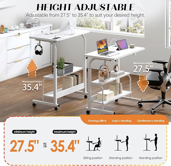 soges Height Adjustable Desk with Charging Station Mobile Computer Workstation with 2 Storage Shelves Small Rolling Desk on Wheels for Home Office White