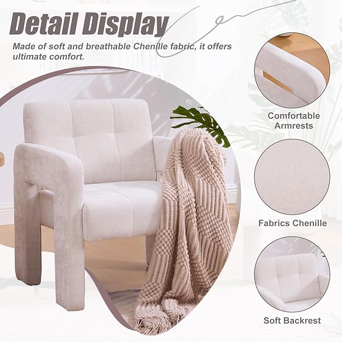 Classic Chenille Conversation ChairModern Minimalist ArmchairElegant Comfortable Accent Chair for Living RoomBedroomStudyOfficeBeige