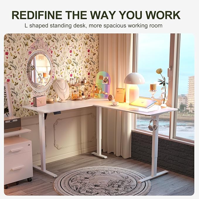 BANTI L-Shaped Standing Desk - 63 x 55 Inch Adjustable Corner Standing Desk with Charging Station - L Shape Sit Stand Table with Memory Controller Splice Board for Home Office White