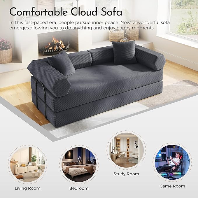 79'' Convertible Sofa Bed 5-in-1 Folding Sleeper Couch with Pull Out Bed Corduroy Modular Floor Sofa No Assembly Space Saving Guest Bed for Living Room Apartment Bedroom (Dark Gray1) | Convertible