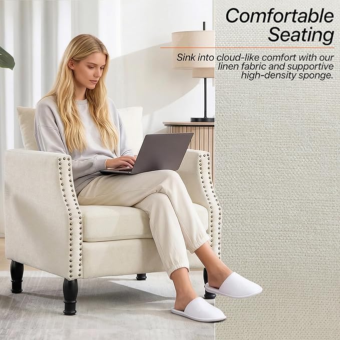 ABET Linen Accent Chairs Set of 2 Mid-Century Modern Reading Armchair with Removable Lumbar Pillow Upholstered Side Sofa Chair for Living Room Bedroom Beige