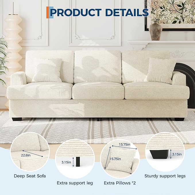 IDEALHOUSE Modern 86 Corduroy Sofa with 2 Throw Pillows Deep Seat Couch with Upholstered Cushion &amp Removable CoverComfy Corduroy Sofa Couch for Small Space Apartment Lounge Beige
