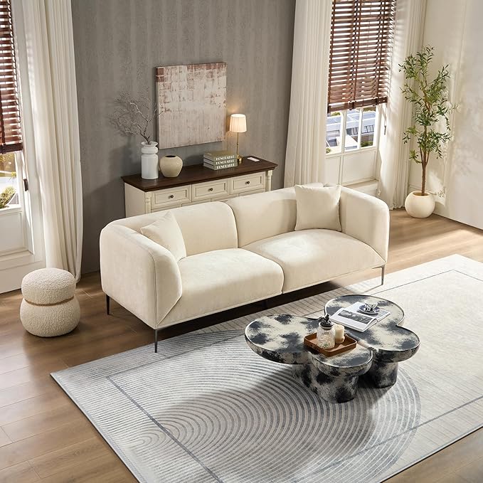82 Modern Sofa 3-Seater Boucle Couch with Metal Legs Luxury Cloud Tuxedo Sofas Upholstered Minimalist Deep Seat Curved Couches for Living Room Bedroom Home Office Apartment Beige | Upholstered
