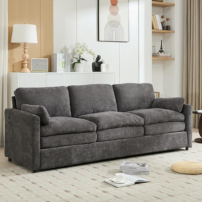 89 Oversized Cozy Upholstered 3-Seater Sofa Comfy Cloud Sofa with Detachable Lumbar Pillow Chenille Fabric Cloud Sofa Double Cushion Couch for Living Room (Grey-3c)