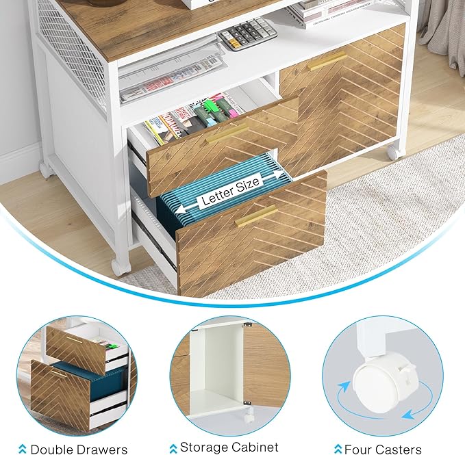 Tribesigns Modern File Cabinet with Drawers for Letter-Sized File and Door lateral Filing Cabinet Printer Stand with Storage Shelves and with Rolling Caster for Home Office