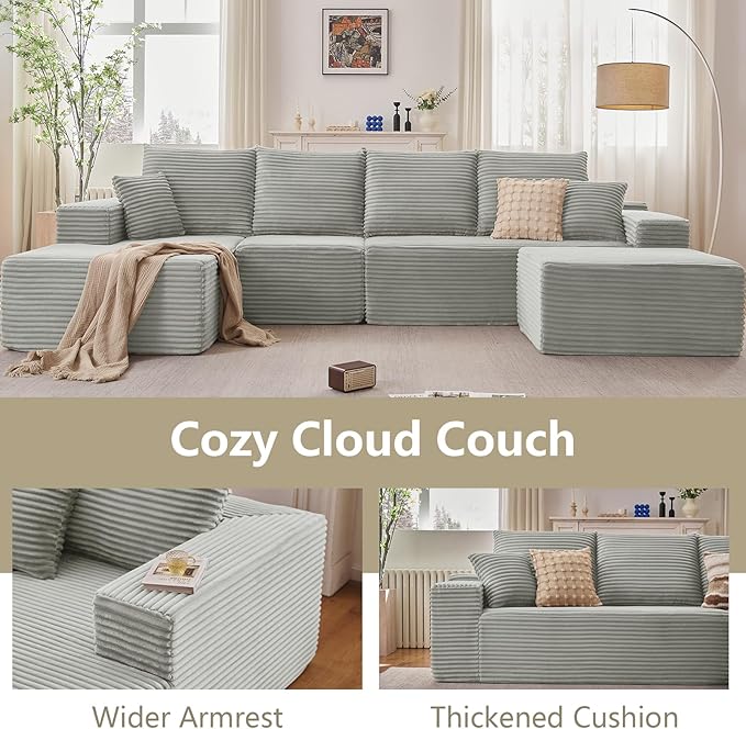 135 L-Shape Sofa with Ottoman Modern Modular Sectional Comfy U-Shape Cloud Couch Deep Seat Upholstered Corduroy Sleeper Chaise Longue for Living Room Bedroom No Assembly Required Grey