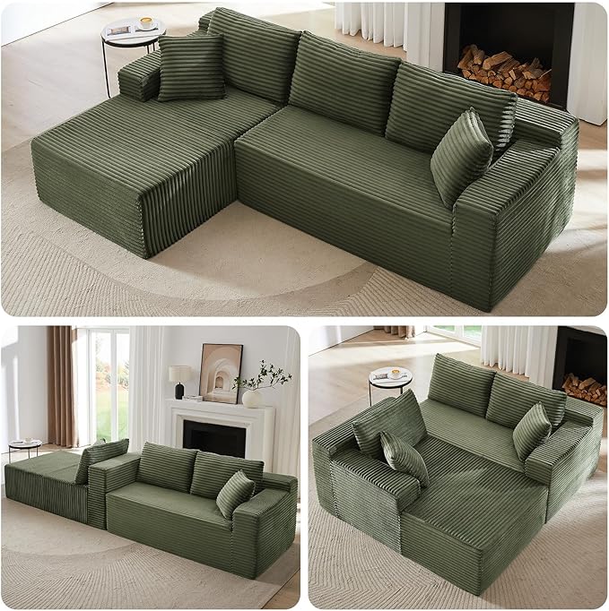 104 Boneless Sectional Couches L Shaped Couch with Deep Seat for Living Room Apartment Corduroy Memory Foam Couch with Comfy Pillows (Saga Green Left Chaise)
