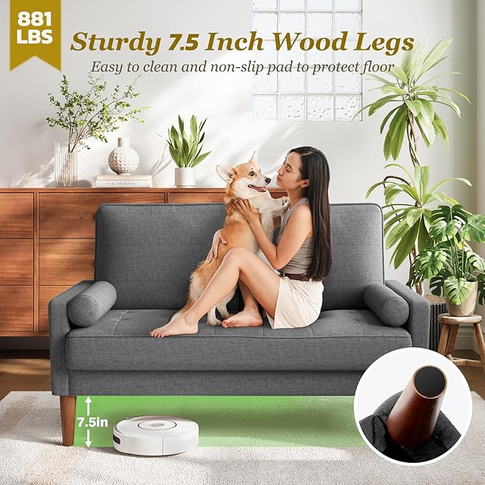Vesgantti Loveseat Sofa with Solid Wood Legs 48 Small Couches for Small Spaces Love Seat for Living Room Bedroom Easy Assembly Mid Century Modern Couch with Throw Pillow for Apartment Grey