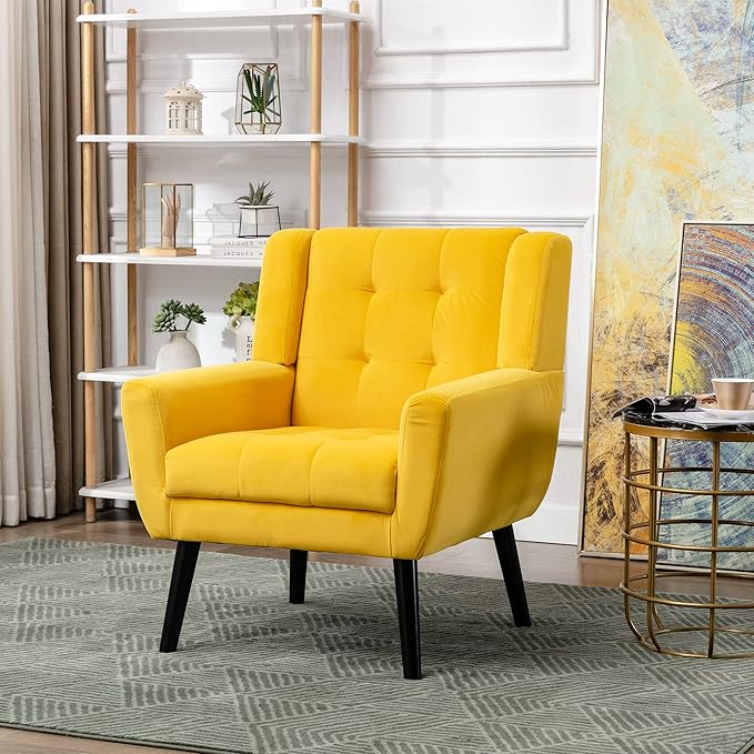 Modern Accent Chair Oversized Accent Chair Corner Chair Mid Century Modern Chair Comfy Reading Chair Upholstered Armchair Modern Chairs for Living Room (Yellow Velvet)