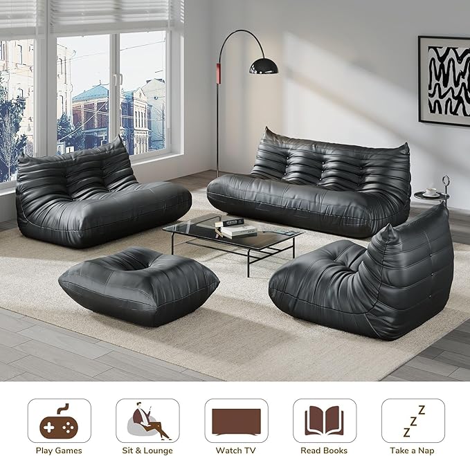 Comfy Lazy Floor Sofa CouchSoft Armless ChairFaux Leather Lounge ChairCorner Relax Sofa Couch for Living Room BedroomSalon OfficeAdults（Black+ Corner