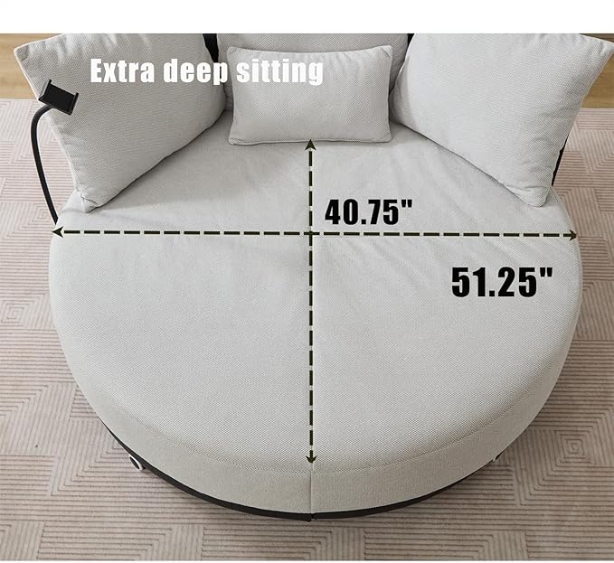 Polibi 52.75 Round Swivel Barrel Chair with Phone Holder and 360°Rotating Pulley Polyester Upholstered Chaise Lounge Oversize Single Sofa Chair for Living Room Bedroom Grey