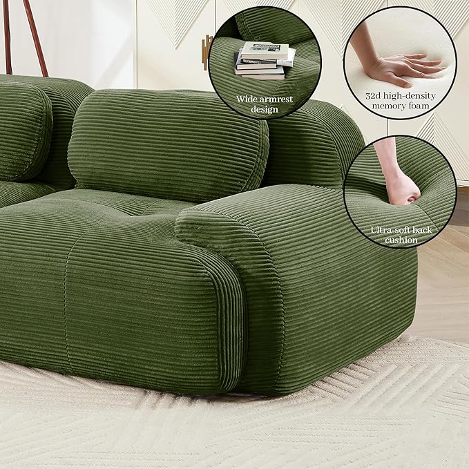 Boneless Sectional Couch No Assembly Required 117.3” Modular Cloud Sofa with Pillow Deep Seat Corduroy Couch for Living Room Bedroom Office Apartment