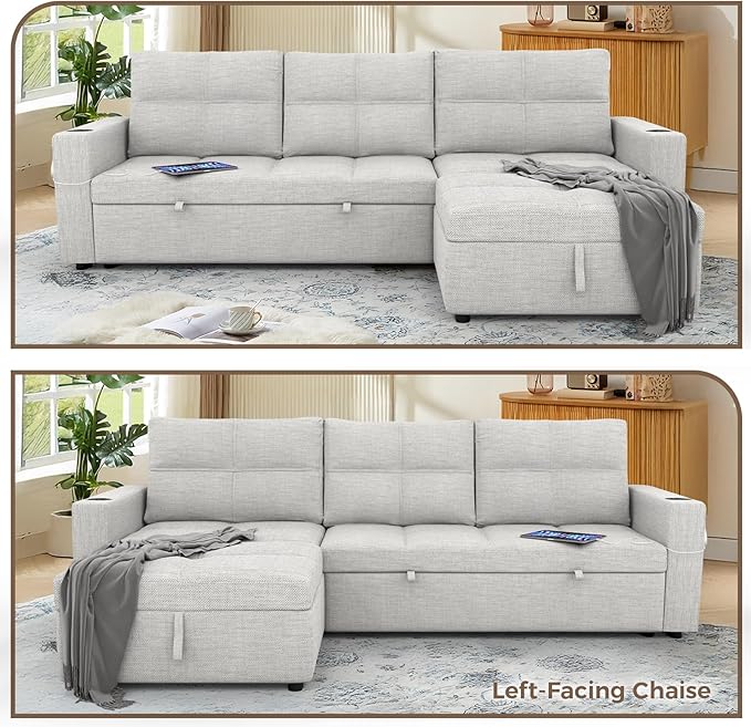 85 Inch Modular Sectional Sleeper Sofa Bed with StorageL Shaped Sectional Couches Bed with Pull Out Couch BedUSB ChargingCup Holders and Side Pocketsfor Living Room/Office/Apartment