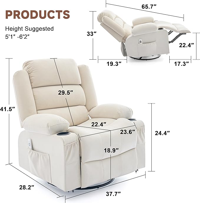 Rocker Recliner Chair with Heat and Massage 360° Swivel Nursery Rocking Chairs for Adults Oversized Recliner Single Sofa Seat with Cup Holders Lazy Boy Recliner Single Sofa (Manual Beige)