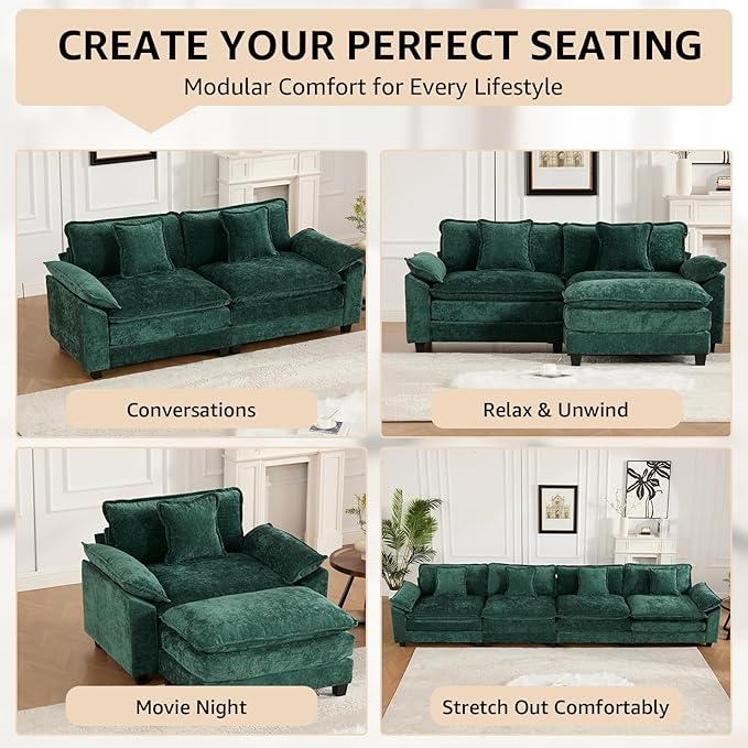 46.4'' Green Modern Large Sectional Couches for Living Room Chenille Fabric Modular Sectional Sofa Oversized Single Cloud Couch for Apartment Deep Seat Wide Arm Sofas Set Sofa para Sala