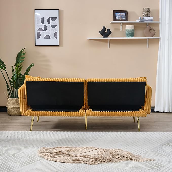 Convertible Sofa Bed Futon Couch Bed with Adjustable Arms and Backrest Modern Love Sofa with Gold Metal Legs for Living Room Bedroom (Corduroy Fabric in Yellow 79 Wx29.33 Dx27.6 H)