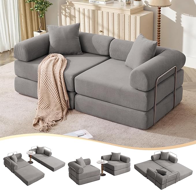 73 Convertible Sleeper Sofa Bed Corduroy Boneless Couch in a Box 4-in-1 Folding Mattress Loveseat Couch Comfy Modular Foldable Floor Sleeper Sofa with 2 Pillows and Fixed-Shape Frame (Gray 73)
