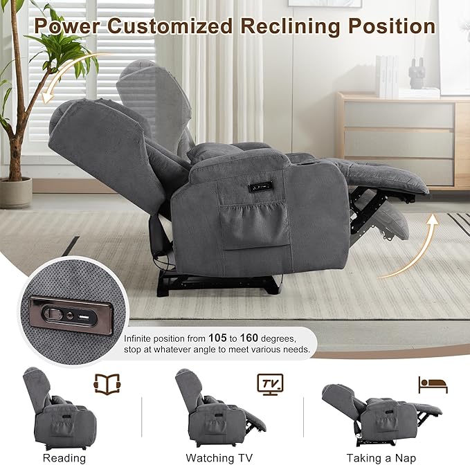 DRMBOOK Power Recliner Chair Electric Wall Hugger Reclining Sofa with Massage &amp Heat Overstuffed Theater Seating with LED/USB Port/Cup Holders for Living Room (Linen Grey 1 Chair with Console)