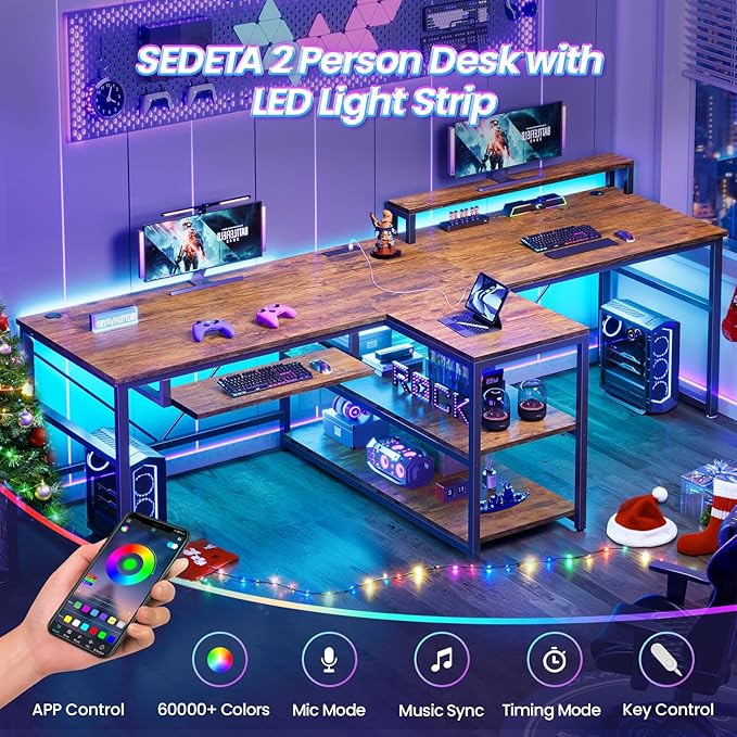 SEDETA 94.5 Home Office Desks Computer Gaming Desk with Storage LED Lights Power Strip with USB Keyboard Tray &amp Monitor Stand Extra Long Double Desk for 2 Person Rustic Brown