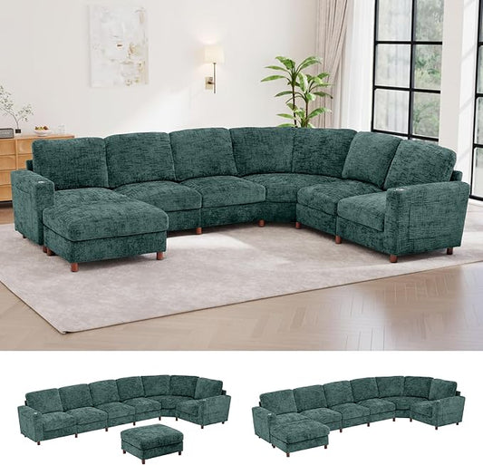 159 Inch Oversized Modular Sectional Sofa with Curved Corner Convertible U/L-Shaped Cloud Couch with Moveable SeatStorage OttomanCupholders Living Room Chenille Fabric Sofa | Breathable material