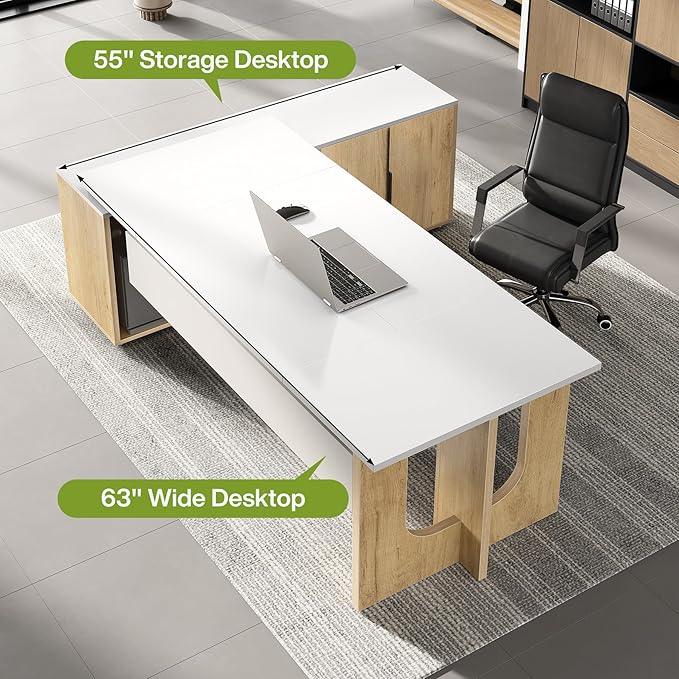 LITTLE TREE 74-Inch Executive L-Shaped Desk with Storage Cabinet &amp Shelves Large Home Office Computer Desk Modern Business Workstation for Professionals (Oak &amp White)