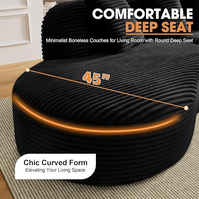 123'' Oversized Curved Sectional Sofa Minimalist Boneless Couches for Living Room with Round Deep Seat 4 Seat Luxury Modern Cloud Couch with Corduroy Fabric No Assembly Black