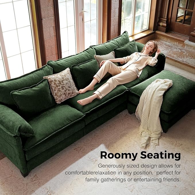 ELUCHANG 150 Oversized Modular Sectional Sofa Comfy U Shaped Cloud Couch with Removable Cover 6-Seat Deep Seat Modern Sofa Couches for Living Room Bedroom and Apartment Chenille Green