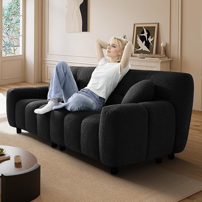 73 Boucle Cloud Sofa Couch with 2 Soft PillowsComfy Upholstered Teddy 2 Seater LoveSeat SofaModern Deep Seat Sherpa Cloud Couch Oversized Love Seat for Living Room Bedroom Apartment Black