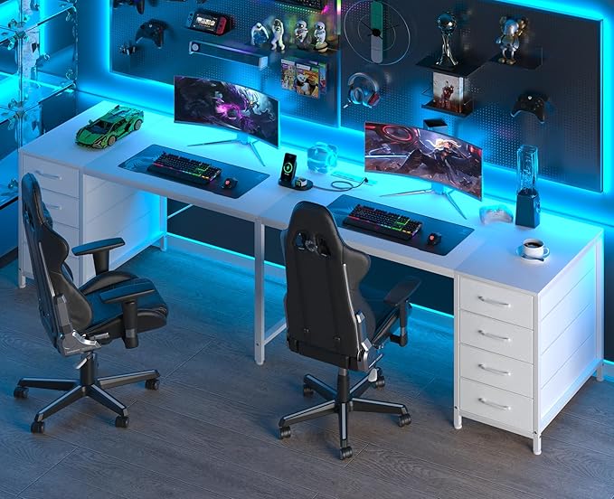 TVU 95 2 Person Desk with 8 Drawers Double Desk for Two People Home Office Desks with Outlets Long Desks Workstation Drawer Organizers with 8 Fabric Drawers White
