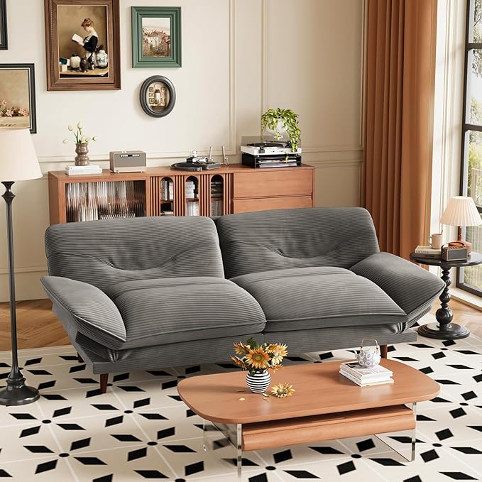 JUMMICO Convertible Futon Sofa Bed Sleeper Futon Couch with Adjustable Backrest and Armrests Modern Loveseat with Sturdy Wood Frame for Small Spaces Apartments (Corduroy Dove Gray)