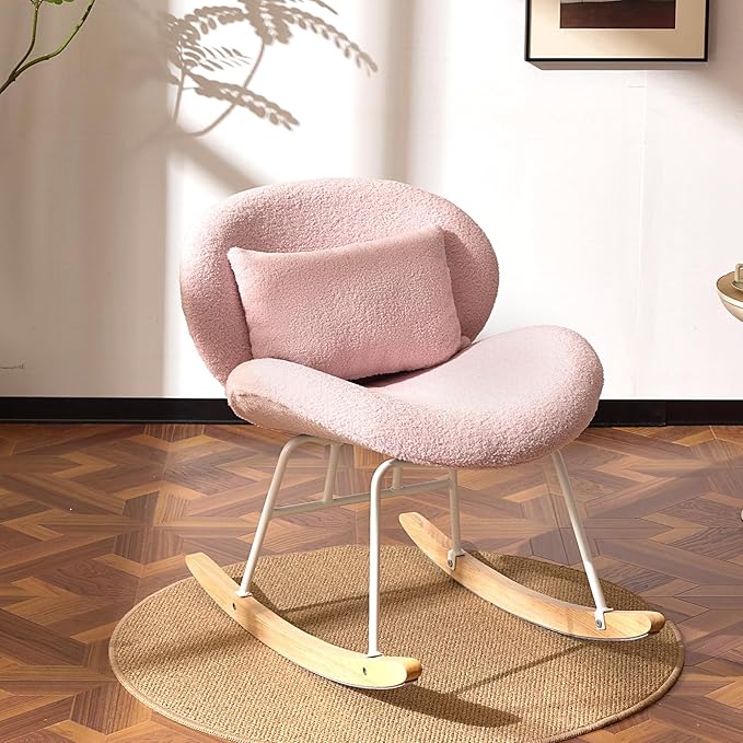 VINGLI 25.6 Extra Wide Nursery 115° Armless Rocking Chair Curved Cute Cross-Legged Glider Chair with Pillow &amp Solid Wood Nursing Chair for Bedroom Living Room Teddy Fleece Pink