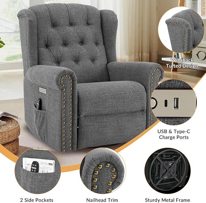 Power Swivel Rocking Glider Recliner Chair Electric Nursery Reclining Sofa Chair with Heat and Massage Wingback Tufted Upholstered Recliner for Living Room USB and Type-C Ports Grey