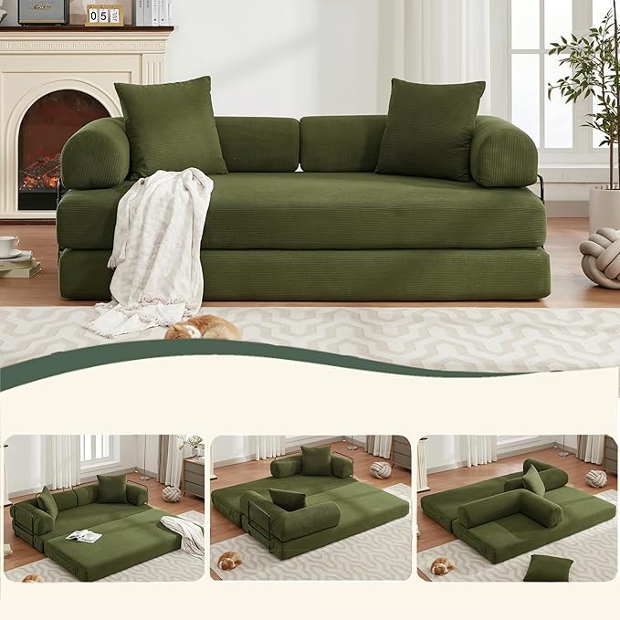 78.5'' Convertible Floor Sleeper Sofa Bed Corduroy Boneless Compression Memory Foam Wide Armrest Comfy Loveseat Lounge Couch for Living Room Bedroom Apartment No Assembly Required Green