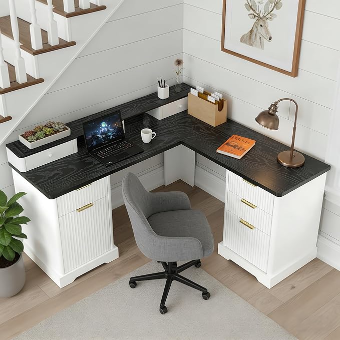 L Shaped Executive Desk with Storage Fluted Home Office Computer Desk with 6 Drawers &amp Monitor Stand Corner Workstation Writing Desk with Charing Stastion File Cabinet(White)