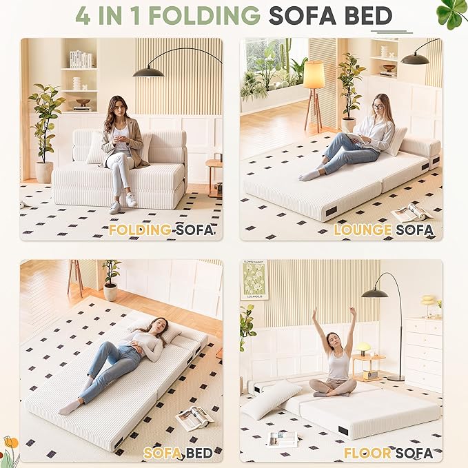 Homall Folding Sofa Bed Floor Couch Convertible Sleeper Chair with Pillow Comfy Futon Lounge Sofas Portable Fold Out Chair Bed for Living Room Small Space (Corduroy Cream)
