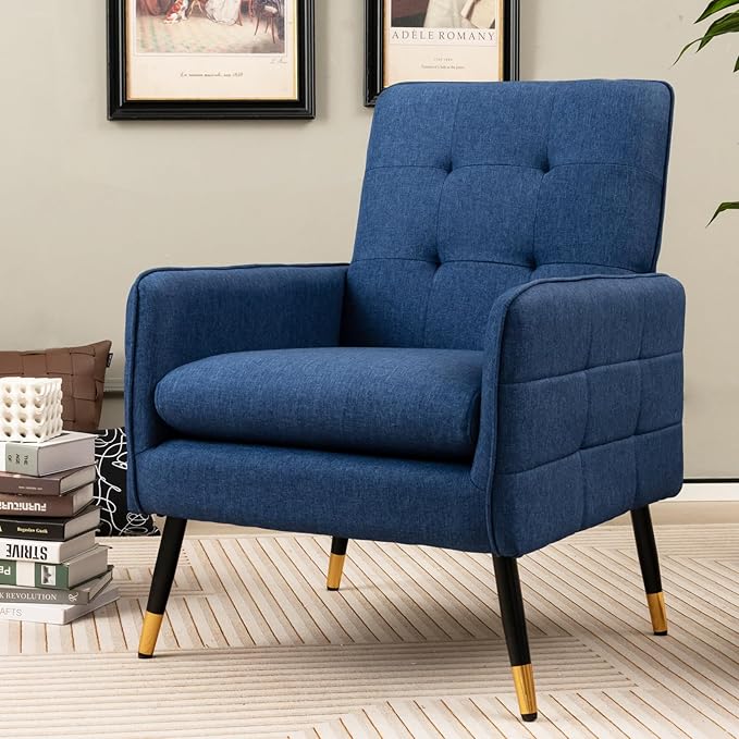 Giantex Modern Mid-Century Accent Chair - Upholstered Armchair with Tufted Back Metal Legs Adjustable Foot Pads Linen Fabric Single Sofa Chair for Reading Living Room Chair for Bedroom Blue