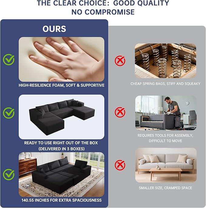 140 U-Shaped Modular Sectional Sofa for Living Room3 Seater Cloud Sectional Couch with Chaise LoungeDeep Seat with PillowsNo Assembly Required (Black)