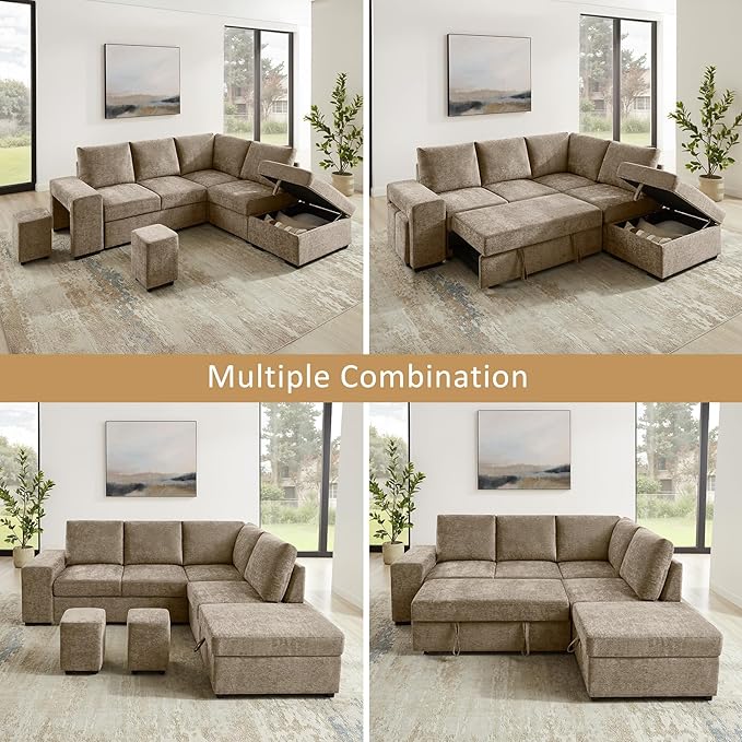 VANOMi 94 Sectional Sleeper Sofa with Pull Out Couch Comfy 6 Seater L Shaped Modular Sofa with Storage Ottoman Modern Convertible Chenille Cloud Couches for Living Room Apartment Camel