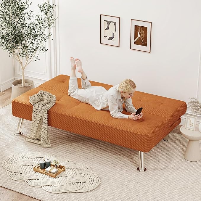 Furnimart Futon Sofa Bed 66 Corduroy Convertible Futon Couch with 3-Position Adjustable Backrest Solid Wood Frame Sleeper Sofa for Small Space Living Room Apartment Office Burnt Orange