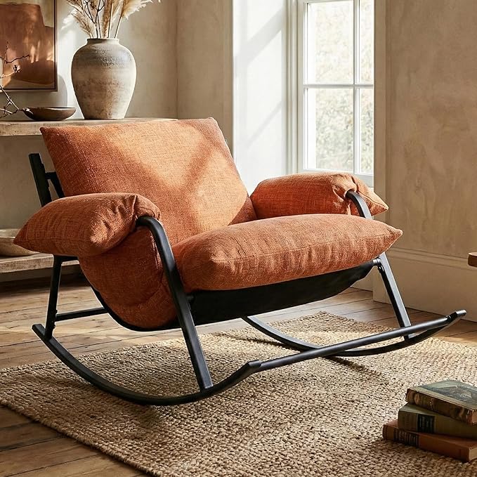 Acanva Oversized Rocking Chair Hybrid Latex Cushion Reading Chair with Aluminum Frame Chenille Lounge Armchair for Indoor Bedroom Living Room Reading Nook Tangerine