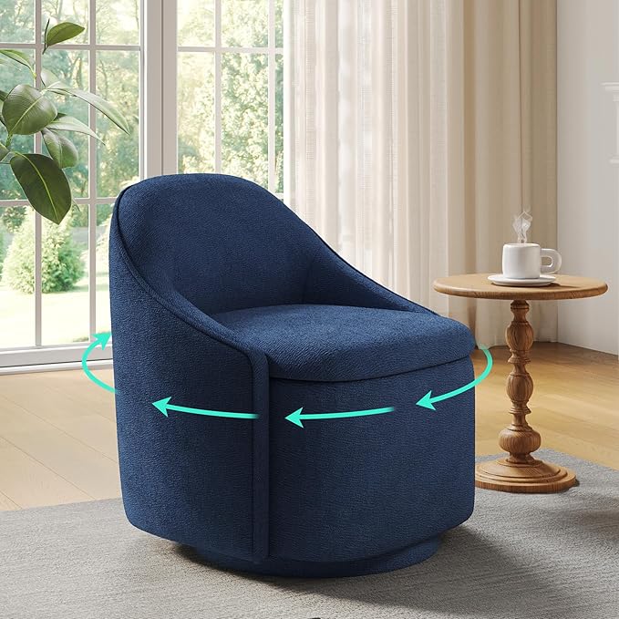 LINSY Swivel Accent Chair with Storage Comfy Chenille Barrel Chairs Small 360 Swivel Modern Armchair for Living Room Bedroom Boucle Reading Chair for Study Room (Blue)