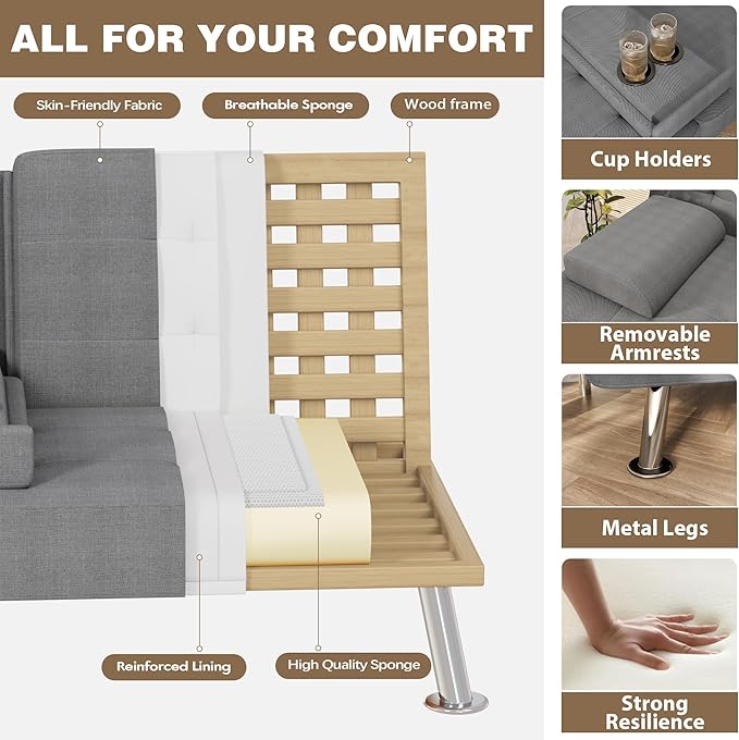 Homall Futon Sofa Bed Futon Couch with Removable Armrests Adjustable Recliner Sleeper Sofa Bed with Dual Cup Holders for Living Room Apartment Office (Fabric Light Grey)