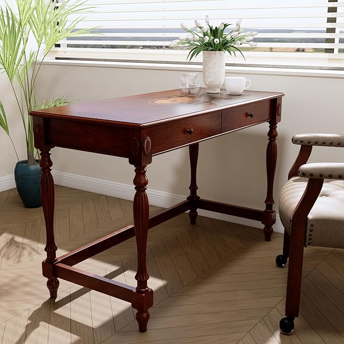 Large Computer Desk Office Table with 2 Drawers 46 Solid Wood Study Writing Desk Workstation with Storage Space Mid-Century Vanity Dressing Table for Home OfficeCherry Walnut BSZ1533WD