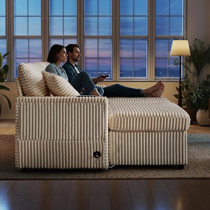 68 Cloud Loveseat with Ottoman Set USB Ports &amp Storage Wooden Side Table Comfy Plush Corduroy Upholstered Love Seat Modern Oversized Deep Seated Grey Sectional for Living Room Beige