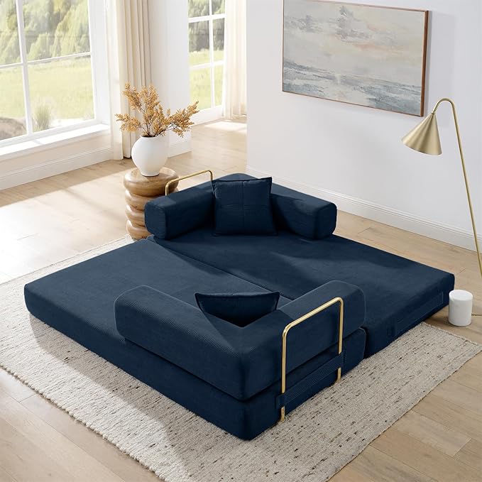 Convertible Sleeper Sofa Bed Boneless Couch with Fixed-Shape Frame 78 Corduroy Fold Out Floor Sofa Couch Modern Foldable Mattress Couches for Living RoomBlue