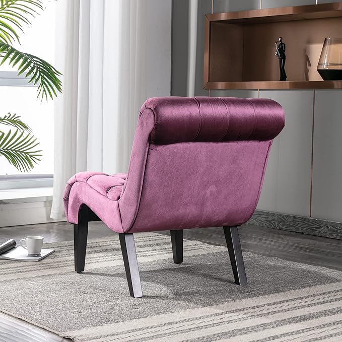 Yoluckea Modern Upholstered Accent Chair S-Shape Armless Lounge Chair for Bedroom Living Room Comfy Velvet Chaise Chairs with Button Tufted Back and Solid Wood Legs Purple