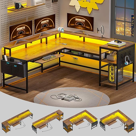 SEDETA L Shaped Computer Desk Reversible Computer Desks L Shaped Desk with Power Outlets &amp LED Strip Monitor Shelf Keyboard Tray Pegboard and Storage Shelves for Home Office Rustic Brown