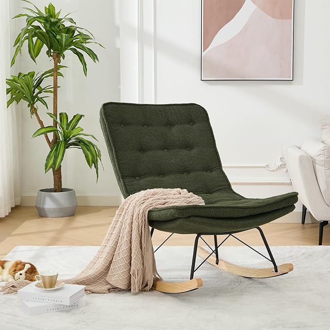 Lazy Rocking ChairComfortable Lounge Chair with Wide Backrest and Seat Wood Base Upholstered Armless Rocker Chair for Living Room BalconyBedroom and Patio Porch. (Dark Green)
